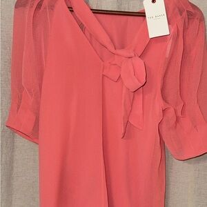 Ted Baker Coral Pink Tie-Neck Puff Sleeve Blouse
